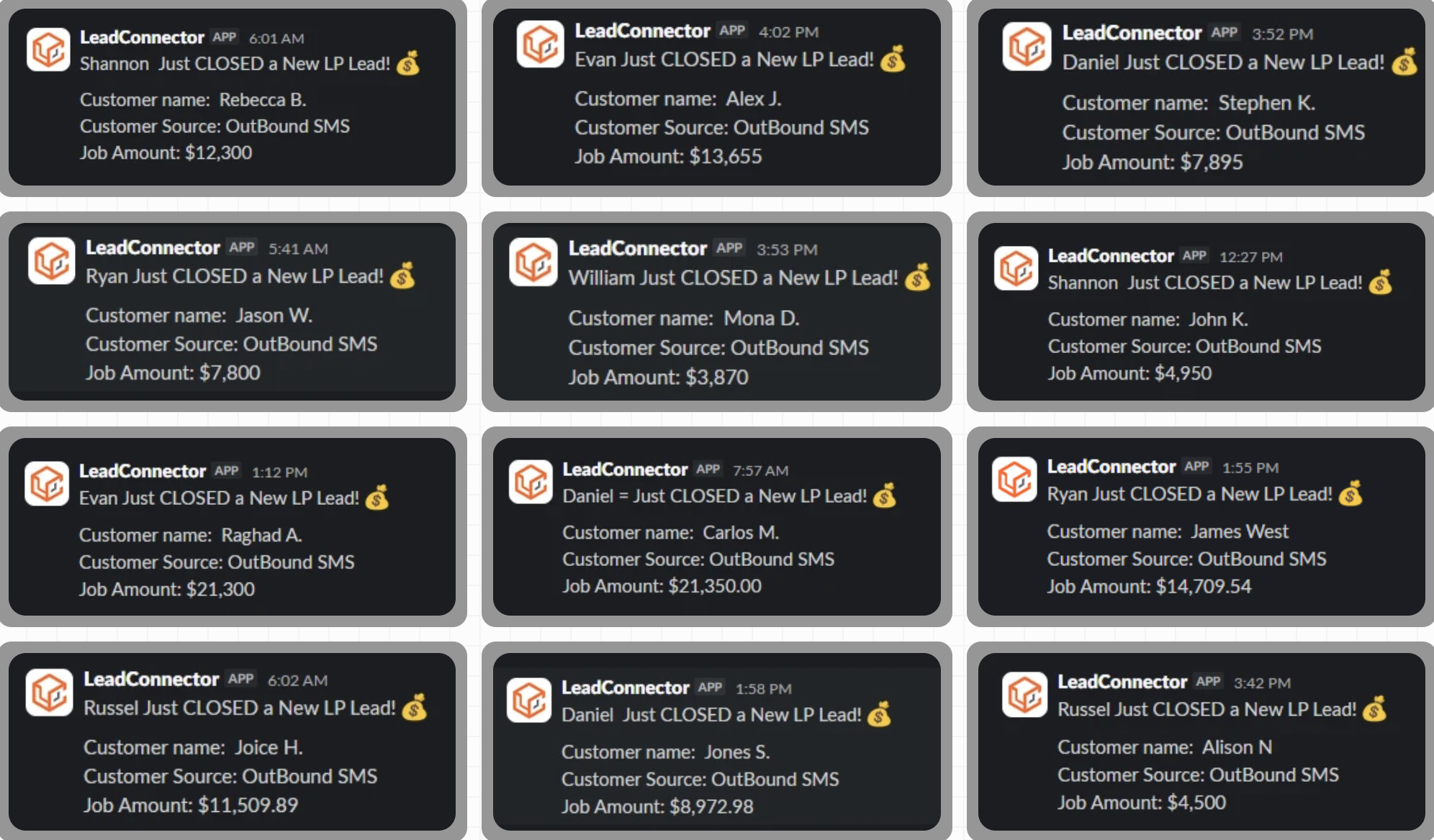 LeadConnector notifications showing closed deals
